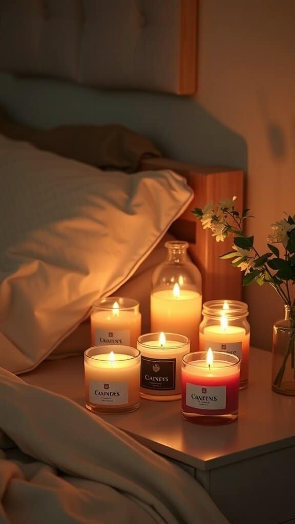 A cozy bedroom scene with glowing scented candles on a bedside table, creating a warm and inviting atmosphere.
