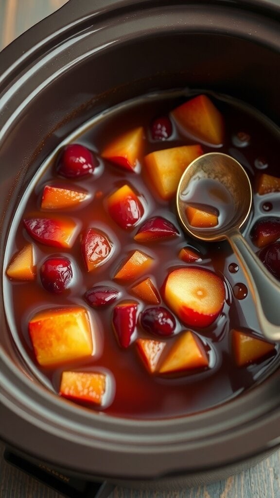 A crockpot filled with a sweet fruit compote, featuring chunks of apples and cranberries in a syrup.