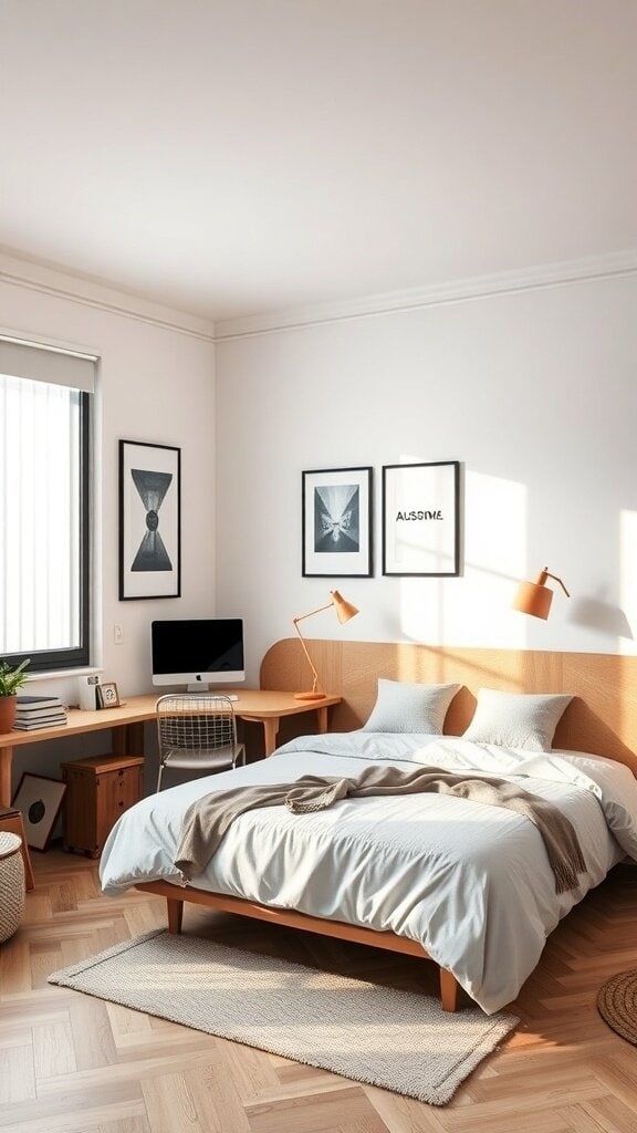 A modern bedroom featuring a multi-functional bed, a desk, and wall art.