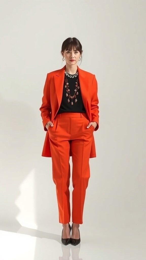 A woman in a bright orange suit with a black top and statement necklace, standing confidently.