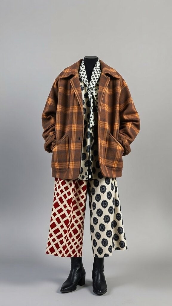 An outfit featuring a plaid jacket, patterned top, and patterned pants, showcasing a mix of bold designs.