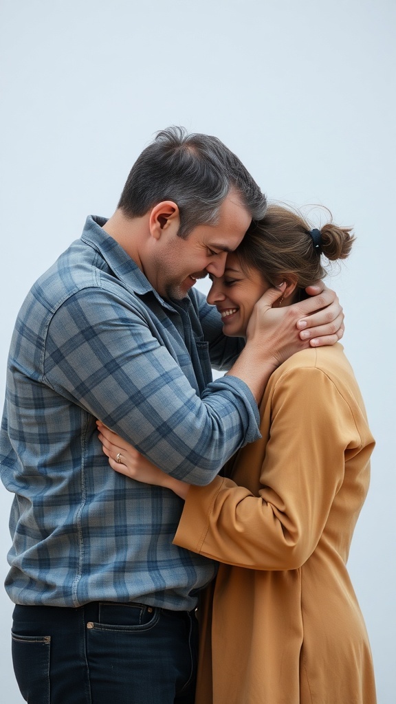 A couple embracing, sharing a joyful moment together.
