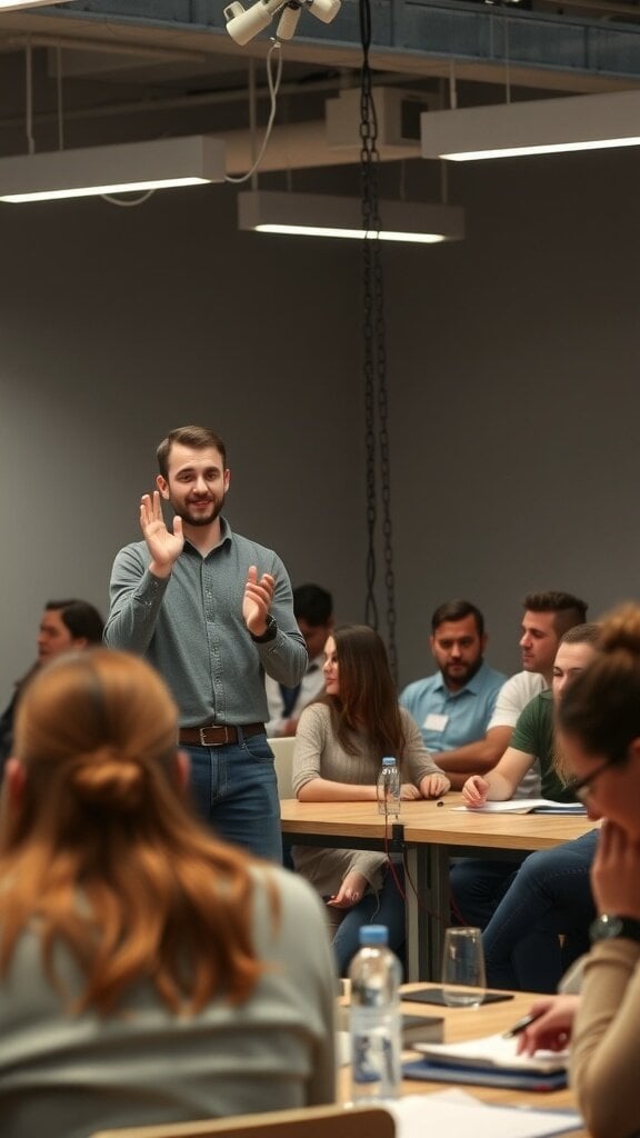 A speaker engaging with an audience in a learning environment.