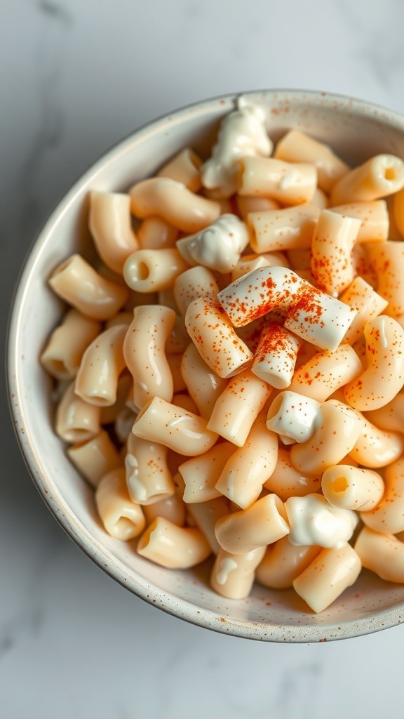 A bowl of overcooked macaroni salad with mayonnaise, sprinkled with paprika.