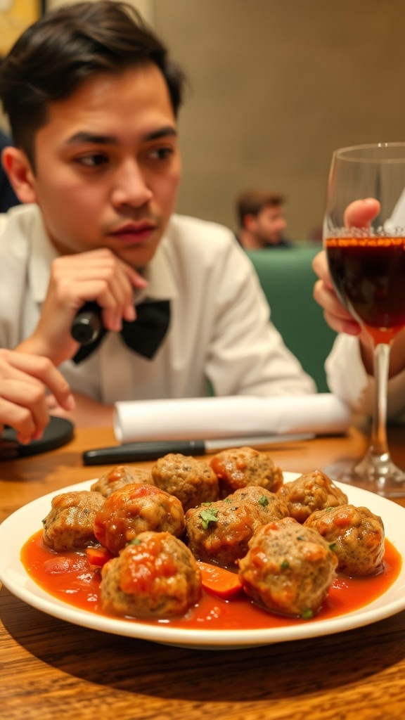 A plate of store-bought meatballs in sauce with a glass of red drink in the background.