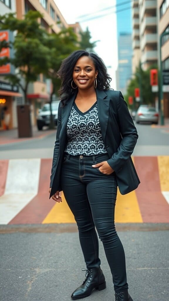 A confident woman standing on a city street, wearing a stylish outfit and smiling.