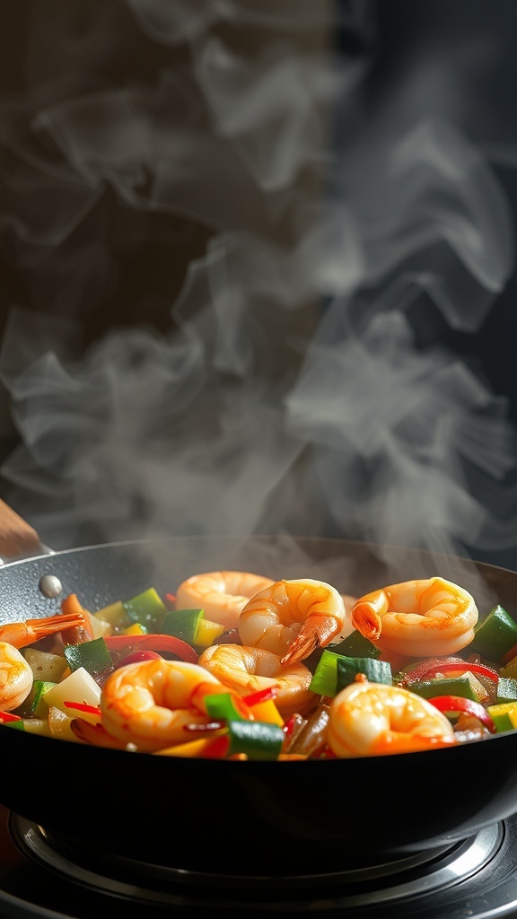 A colorful shrimp stir-fry with vegetables in a pan, steaming and ready to eat.
