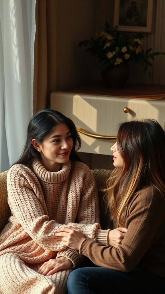 Two women sitting together in cozy sweaters, sharing a warm conversation in a softly lit room.