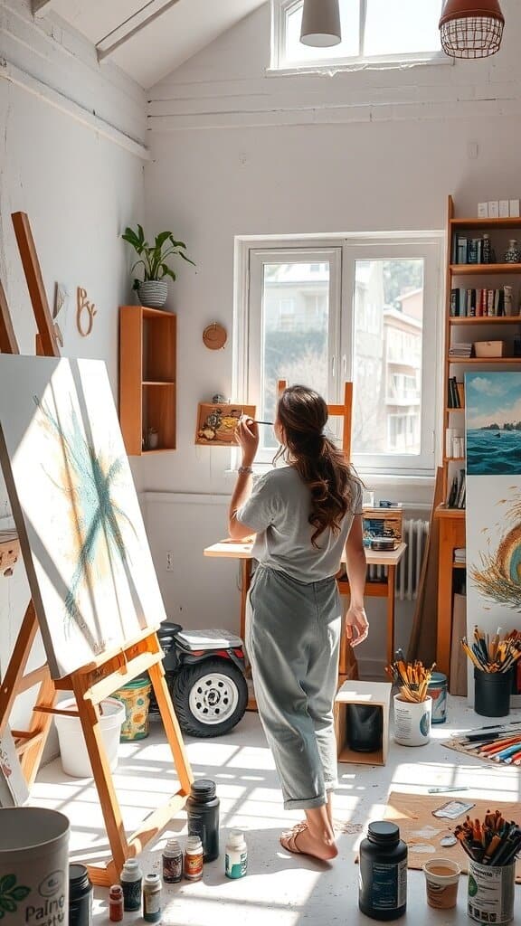 A woman painting in a bright art studio filled with art supplies and sunlight.