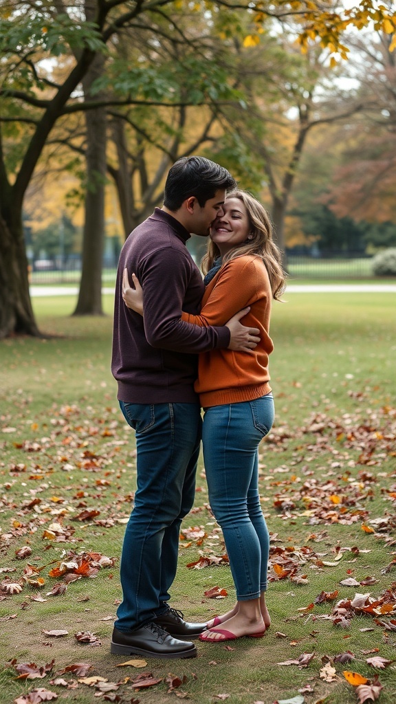 A couple embracing in a park during autumn, surrounded by fallen leaves.
