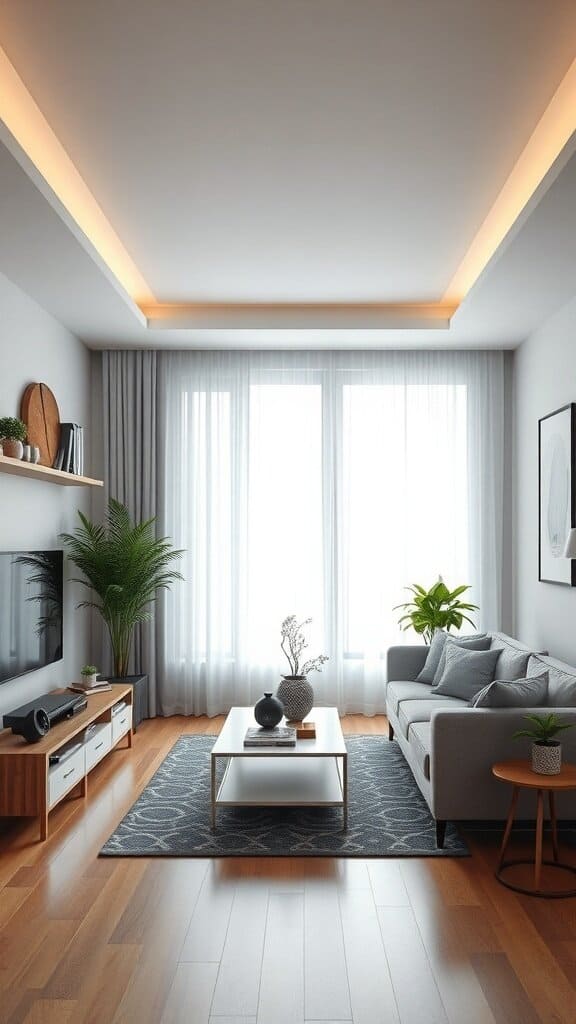 Modern living room with smart technology integration, featuring a sleek sofa, plants, and smart lighting.