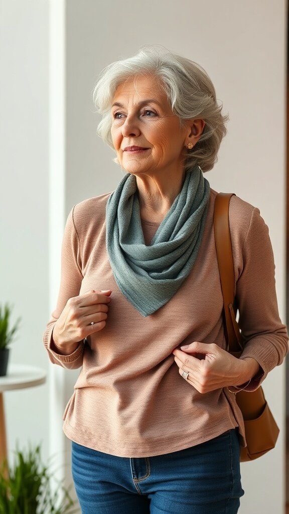 A woman with gray hair wearing a loose-fitting top and scarf, looking confident and stylish.
