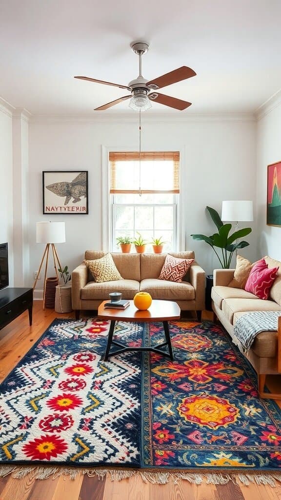 A cozy living room featuring a colorful area rug with floral and geometric patterns, beige sofas, and a wooden coffee table.