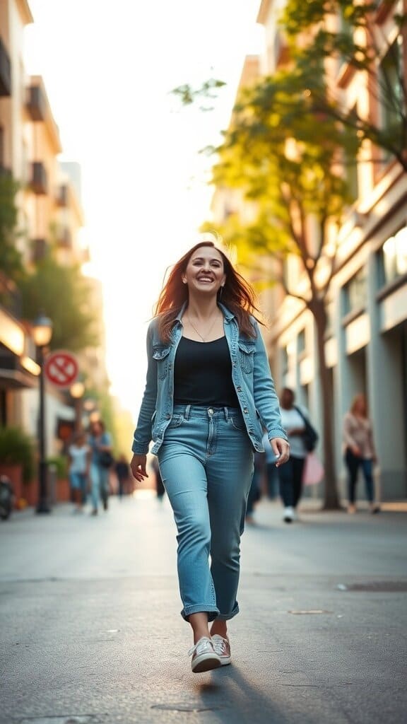 A smiling woman walking confidently down a sunlit street, exuding positivity and joy.