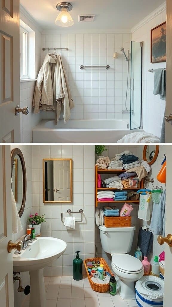 A cluttered bathroom with towels, toiletries, and a toilet, showing signs of disorganization.