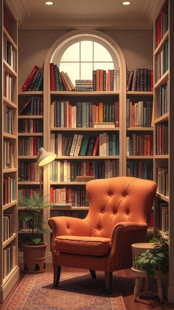 Cozy reading nook with an orange chair, bookshelves, and plants