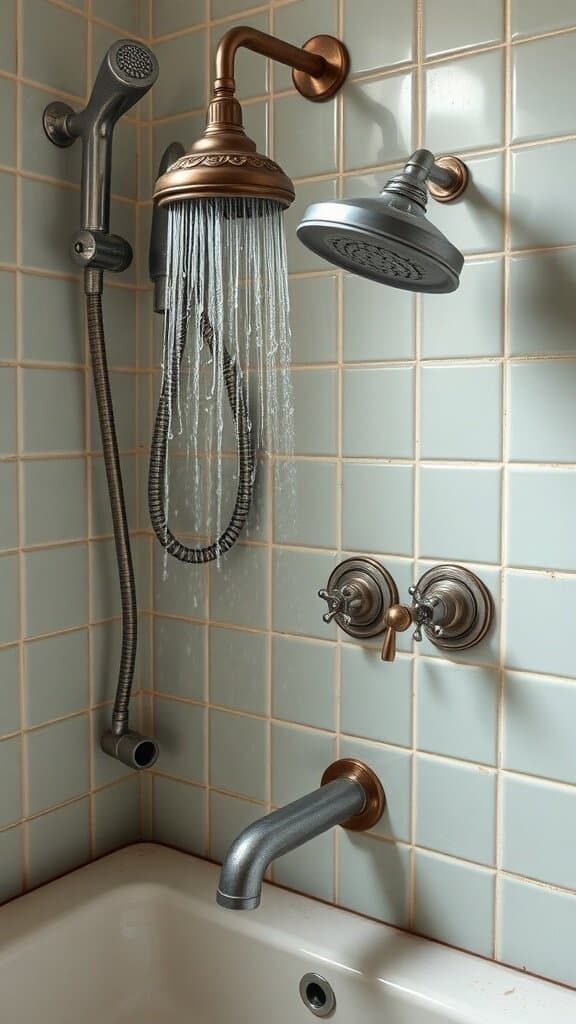 An image showing a vintage showerhead and faucet in a bathroom