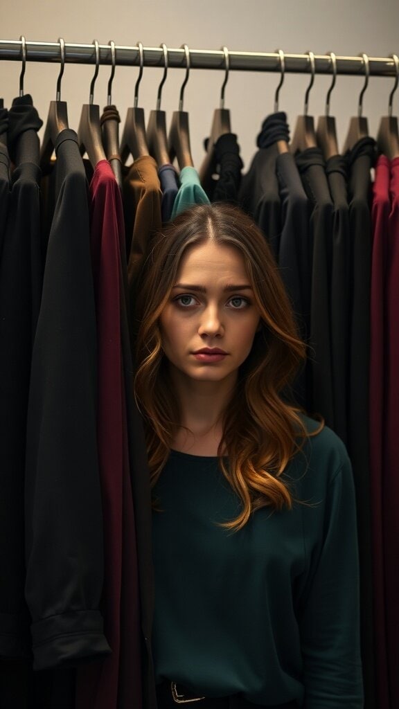 A woman standing in front of a rack of dark-colored clothing, looking thoughtful.