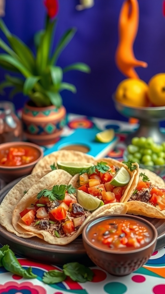 A colorful taco spread with tortillas, diced tomatoes, cilantro, lime, and bowls of salsa.