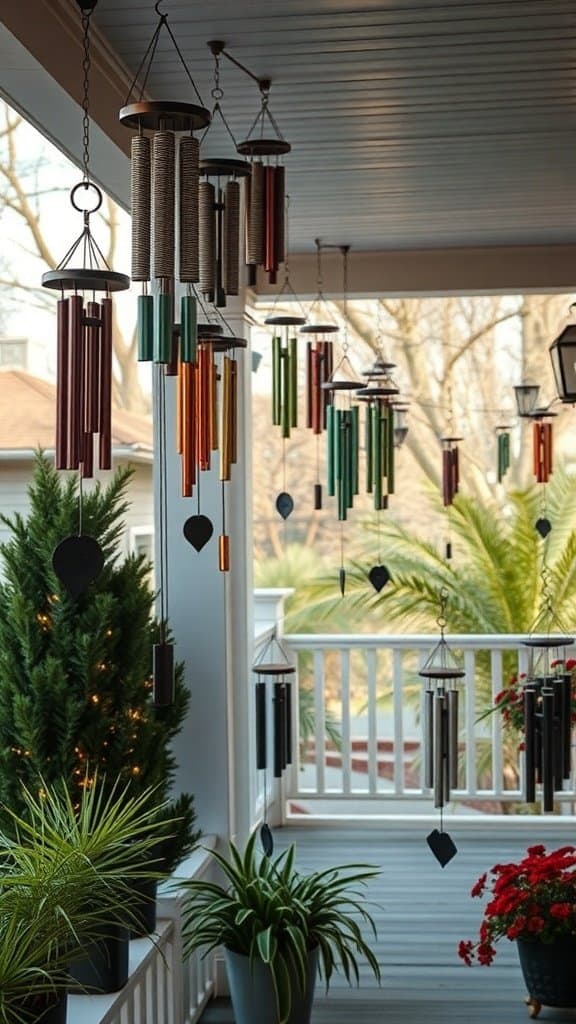 A porch filled with colorful wind chimes hanging from the ceiling, surrounded by plants.