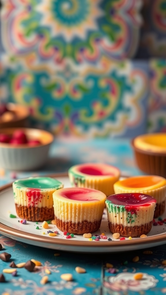 Colorful cheesecake bites on a plate with vibrant toppings and a decorative background.