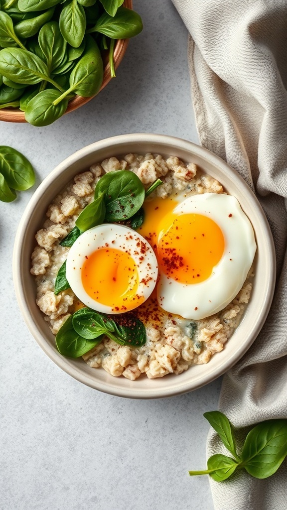 A bowl of savory oatmeal topped with poached eggs and fresh spinach, surrounded by a bowl of spinach leaves.