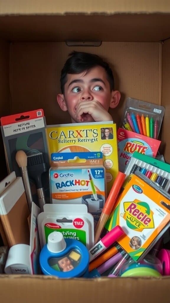A child peeking out from a box filled with various hobby supplies, looking surprised.