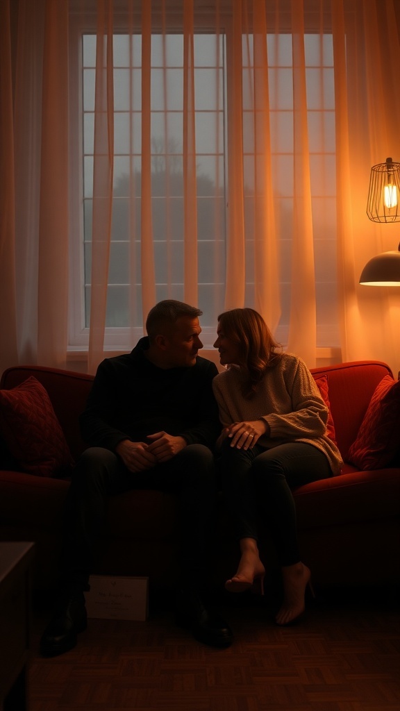 A couple sitting closely on a couch, sharing an intimate moment in a softly lit room.