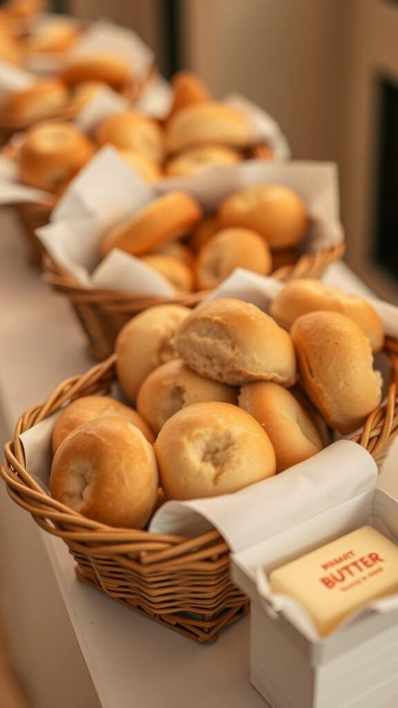A basket of fresh bread rolls with butter on the side.