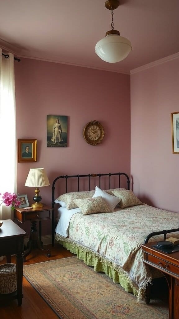 A cozy bedroom with muted mauve walls, vintage decor, and floral bedding.