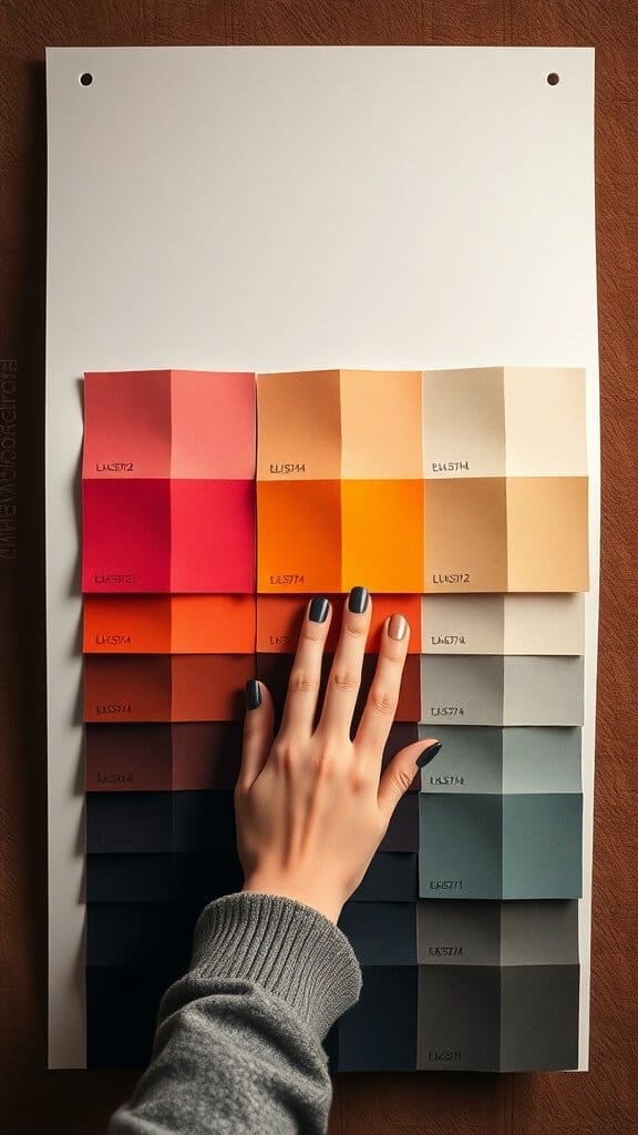 A hand selecting color swatches from a palette, showcasing a range of muted and dull shades.