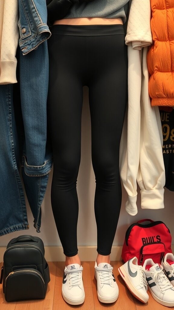 A pair of black leggings displayed with casual sneakers and other clothing items.