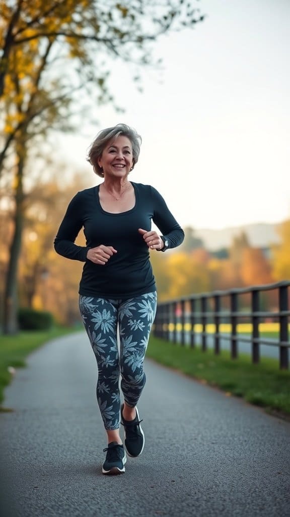 A woman jogging in a park wearing a black top and floral leggings.