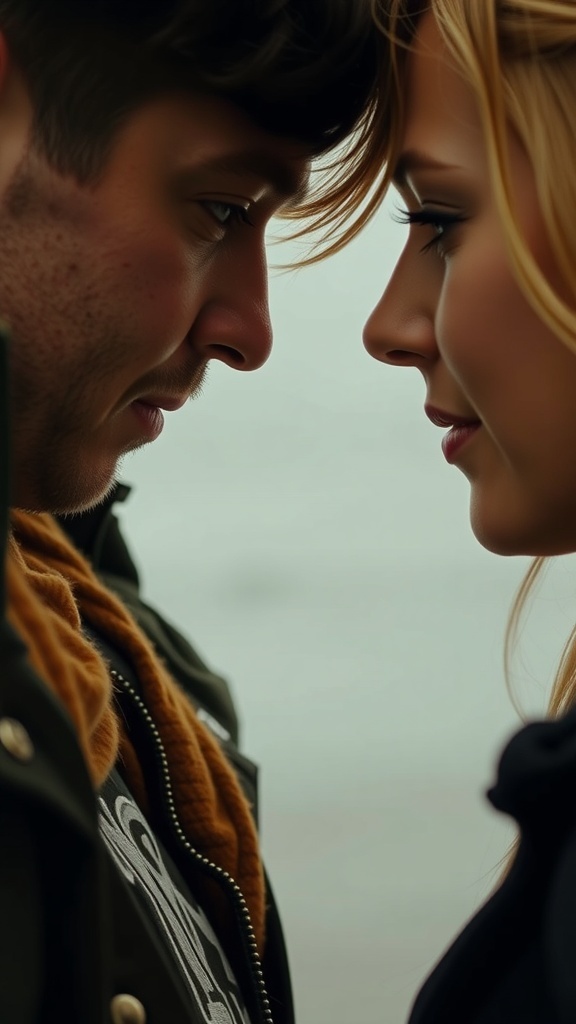 A close-up of a man and woman making intense eye contact, showcasing a moment of connection.