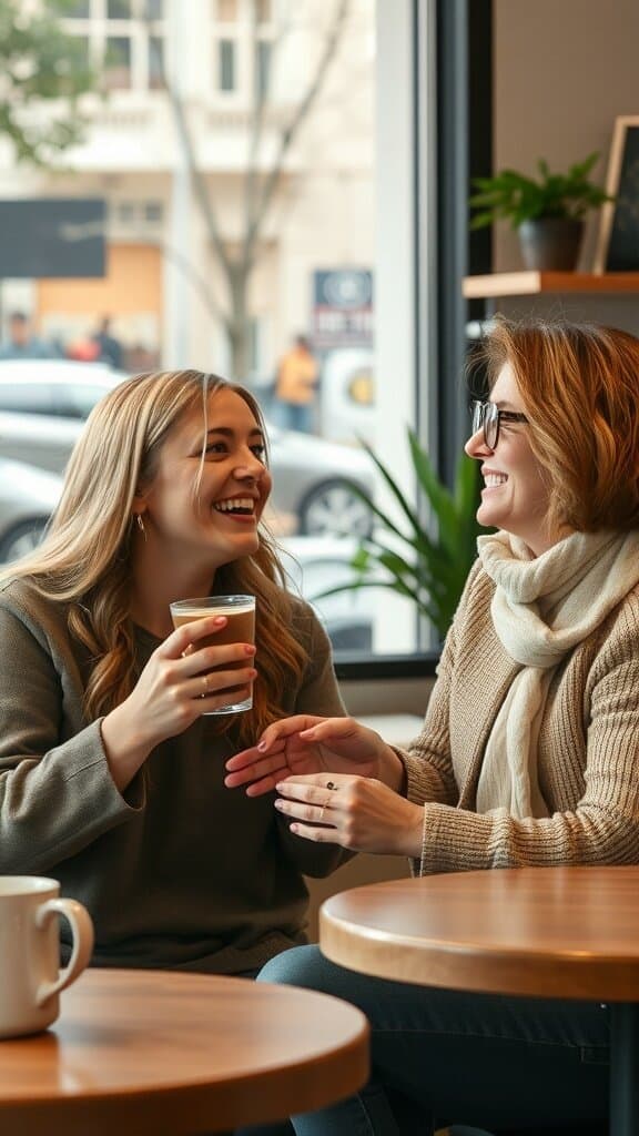 Two friends laughing and sharing a drink in a cozy setting.