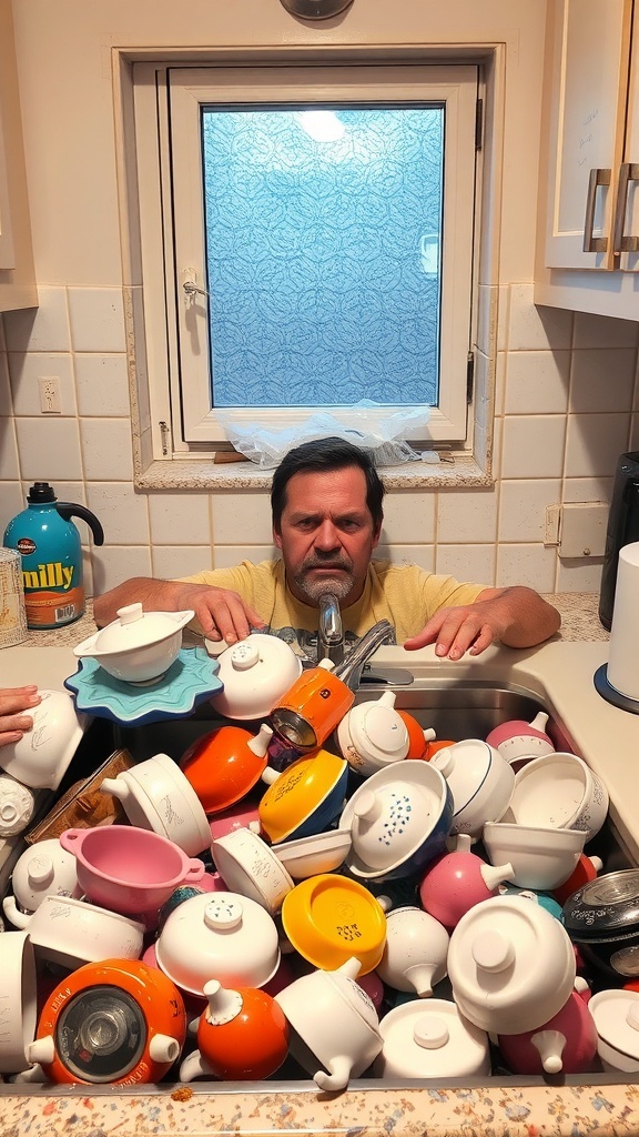 A man overwhelmed by a sink full of dirty dishes, showcasing a chaotic kitchen scene.