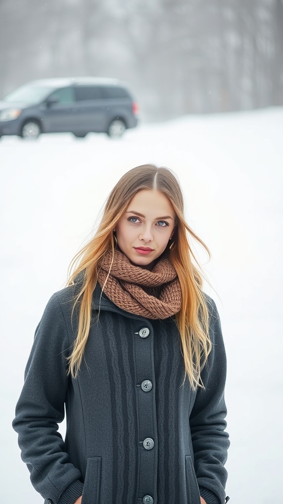 A woman in a stylish winter coat and scarf standing in a snowy landscape.