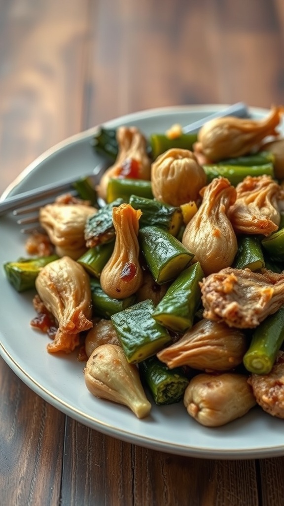A plate of mushy vegetable medley featuring green beans, zucchini, carrots, and bell peppers.