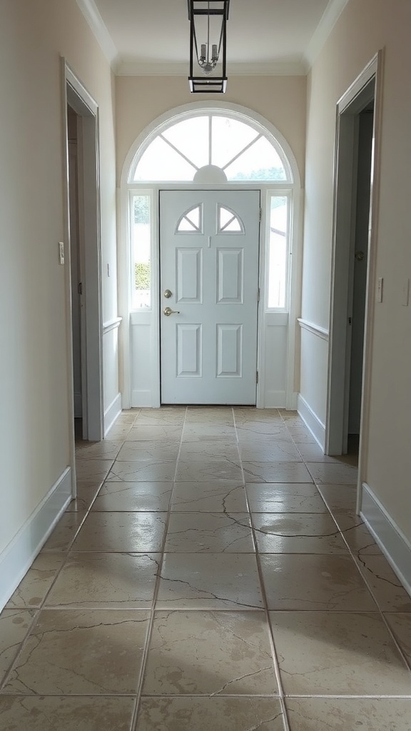 A hallway with tiled flooring showing signs of wear and tear, leading to a front door.