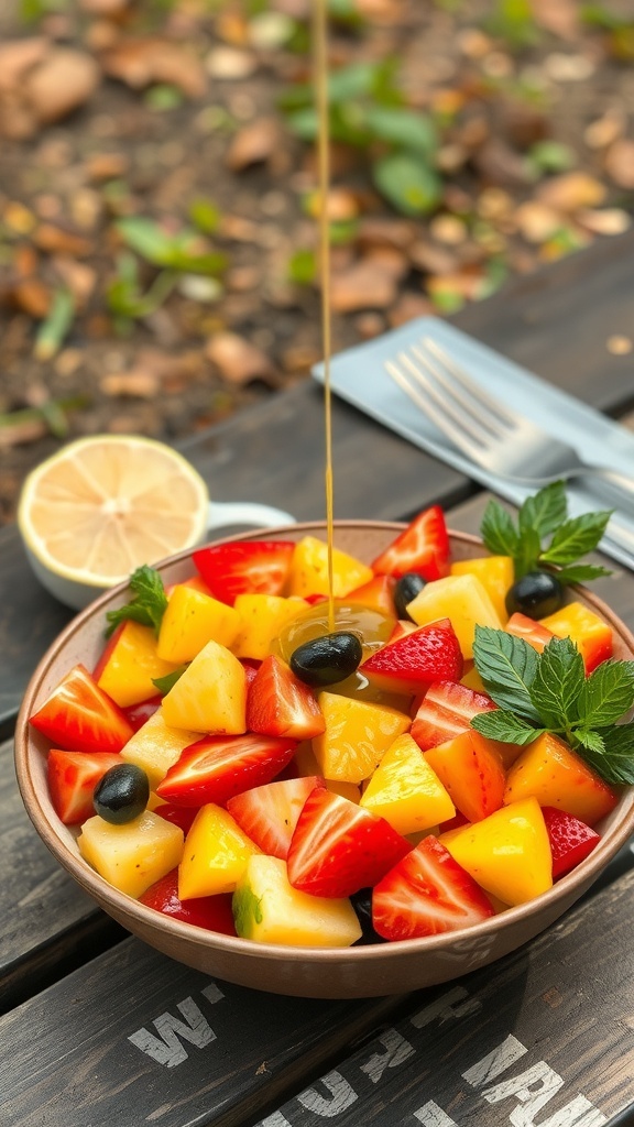 A bowl of tropical fruit salad with honey lime dressing, featuring strawberries, pineapple, melon, and blueberries, garnished with mint leaves.