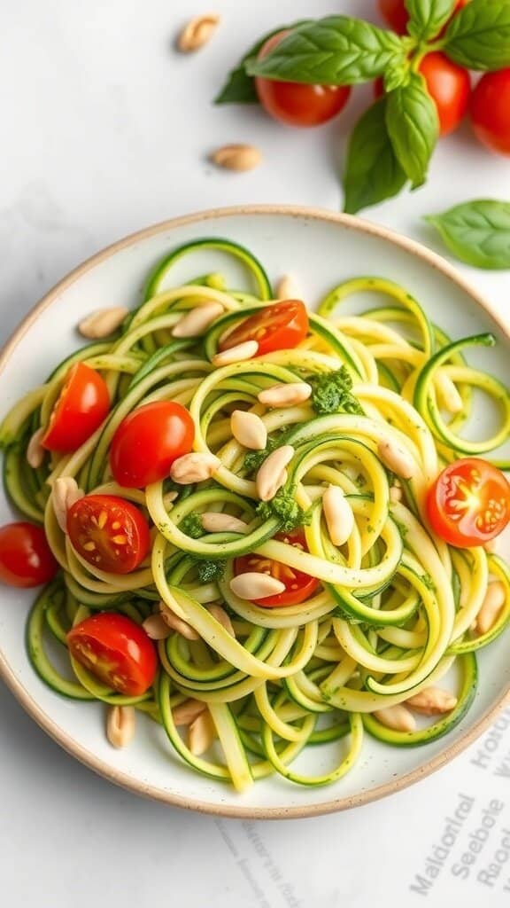 A plate of zucchini noodles with pesto, topped with cherry tomatoes and pine nuts.