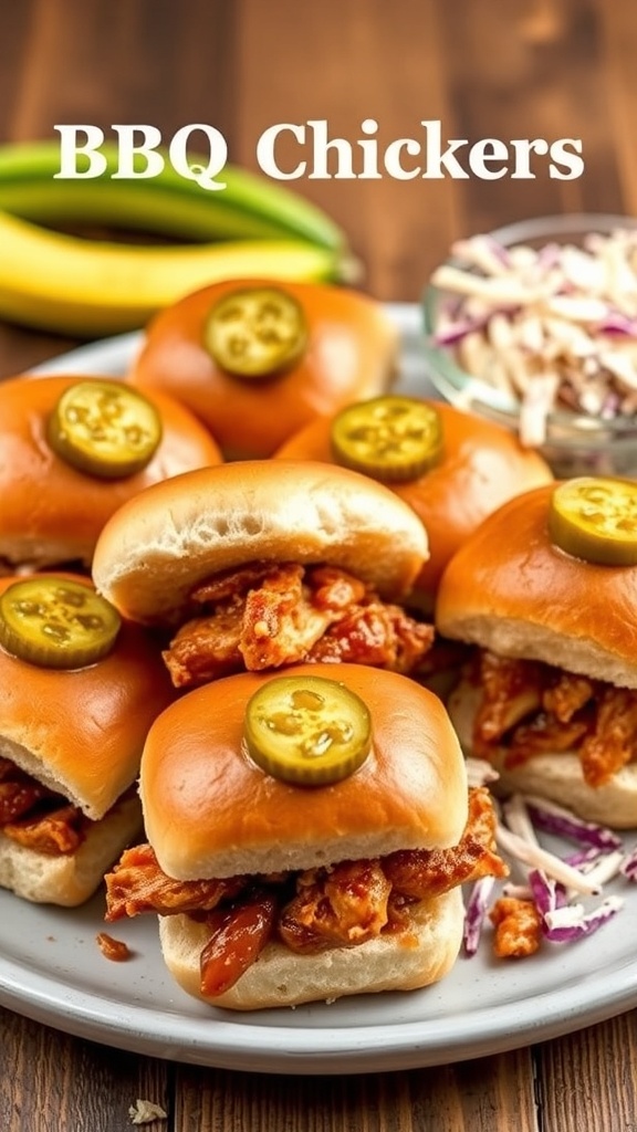 BBQ Chicken Sliders with jalapeños and coleslaw
