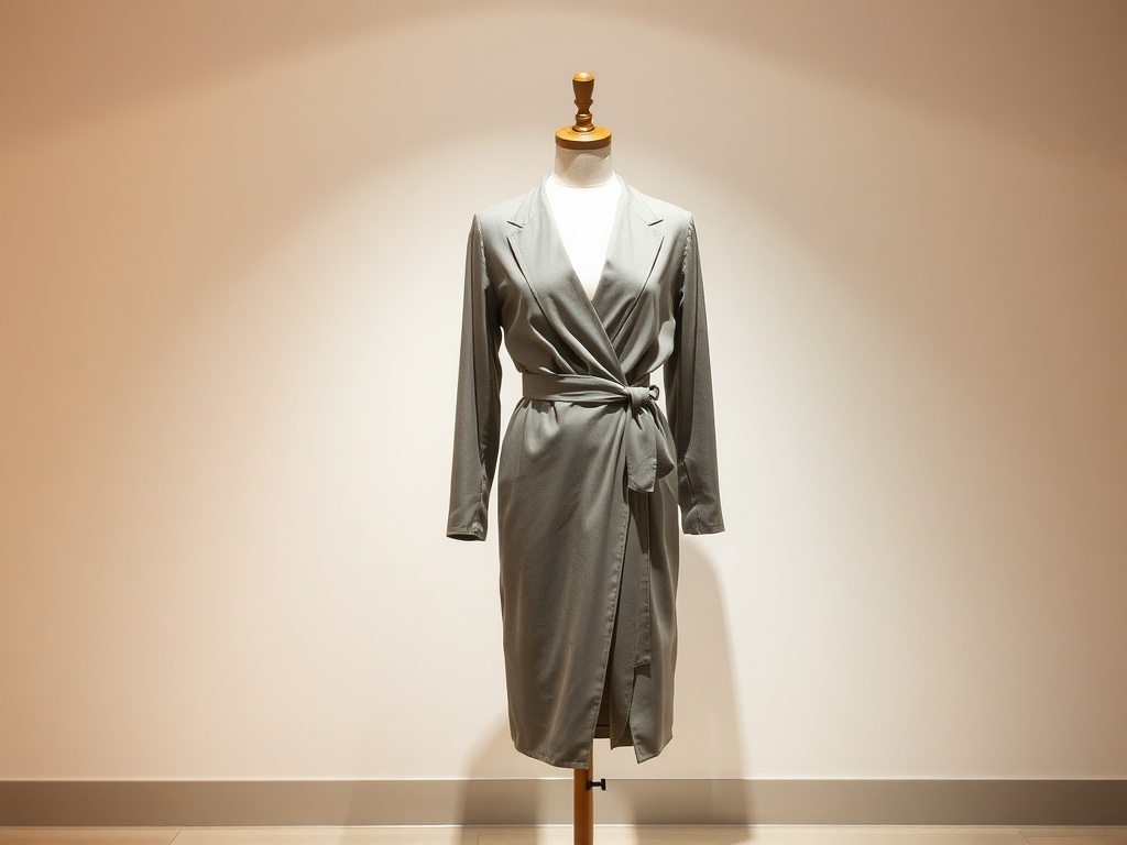 A gray wrap dress displayed on a mannequin against a neutral background.
