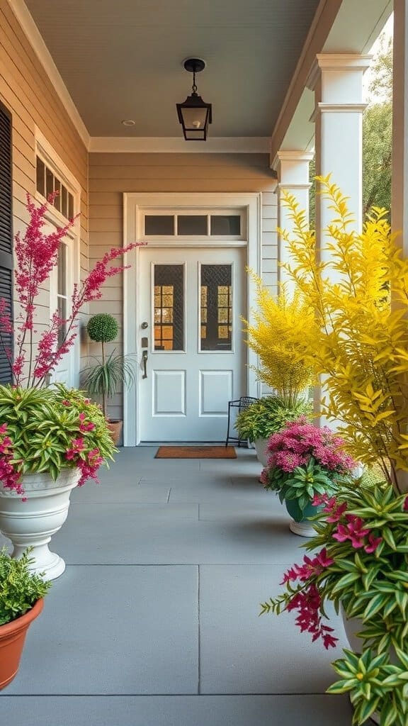 A front porch decorated with artificial plants in bright pink and yellow colors.