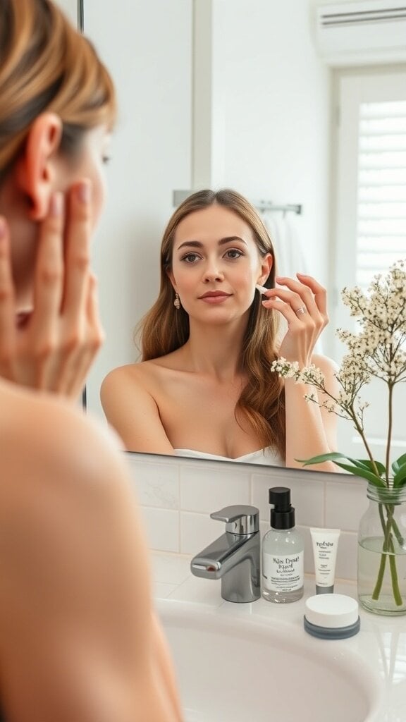 A woman applying skincare products in front of a mirror.