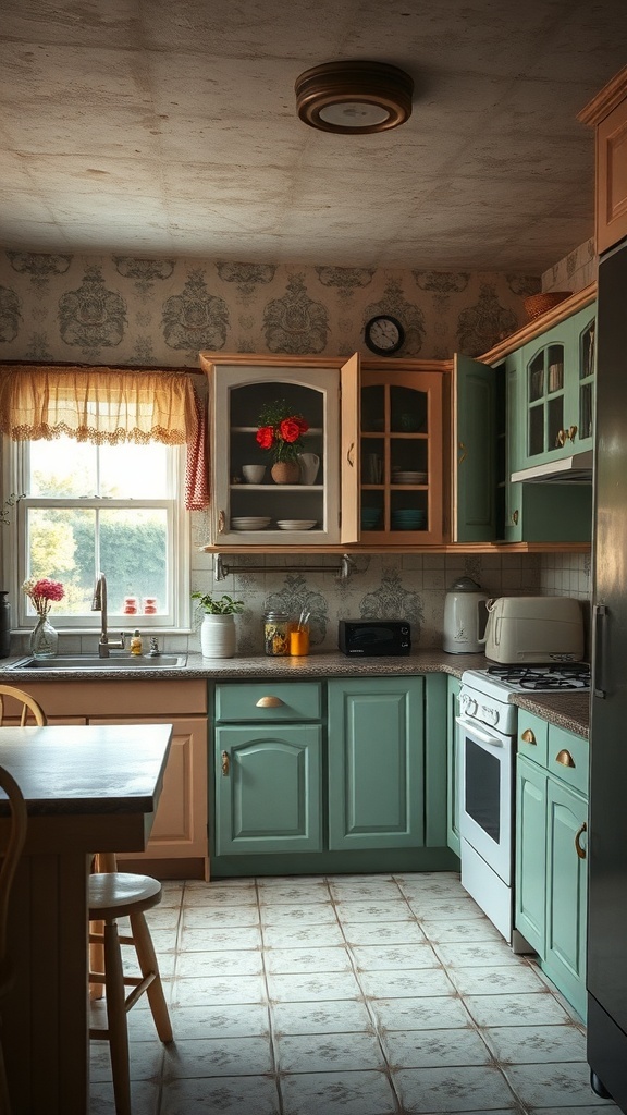A dated kitchen with mint green and peach cabinets, floral wallpaper, and a cozy atmosphere.