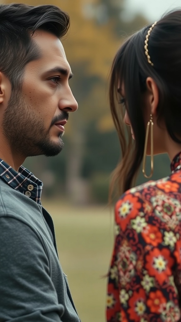 A man and woman sharing an intimate moment, focusing on each other with deep eye contact.