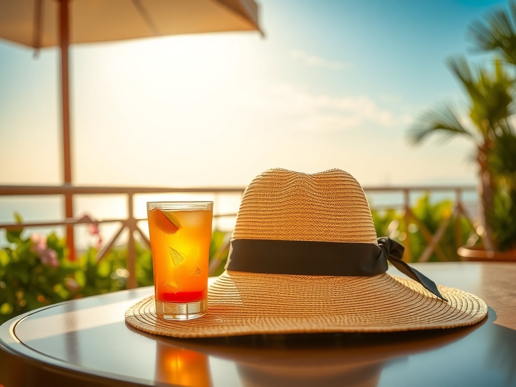 A stylish wide-brim hat next to a refreshing drink on a table with a sunny background.