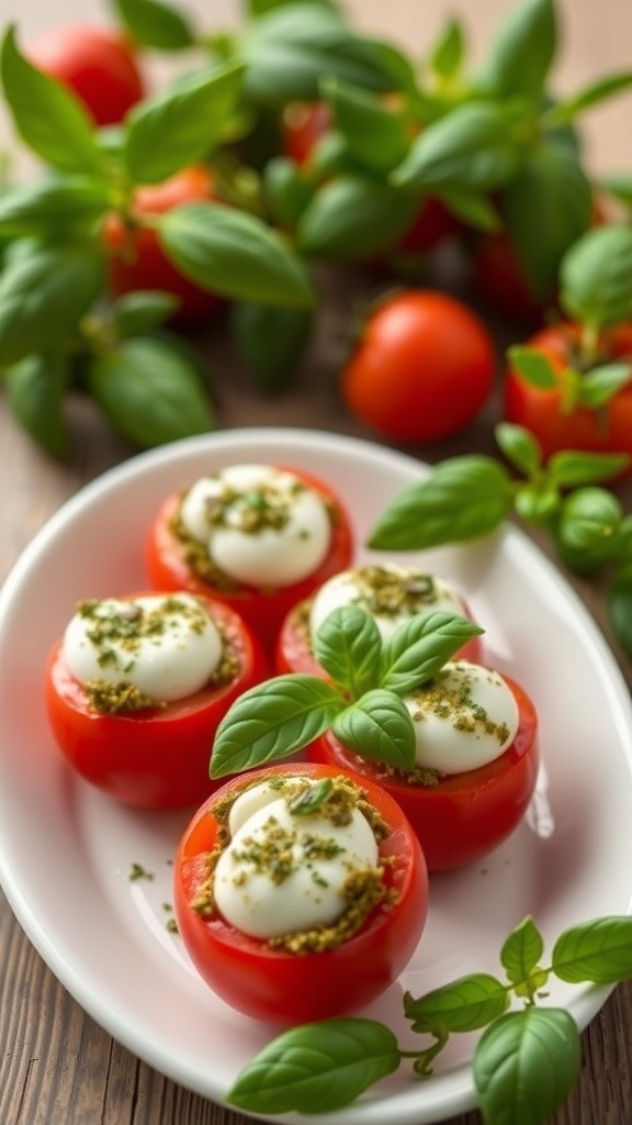 A plate of pesto and mozzarella stuffed cherry tomatoes garnished with fresh basil.