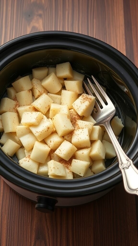 A slow cooker filled with cubed potatoes, ready to be cooked for a bland potato casserole.